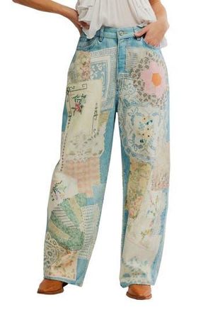 Free People Illusions Patchwork Barrel Leg Jeans in Sky Combo at Nordstrom Rack, Size 31