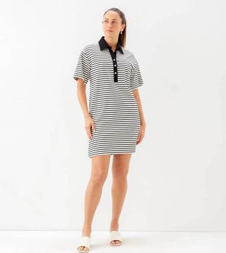 Karen Kane Stripe Short Sleeve Polo Dress In Ivory With Black