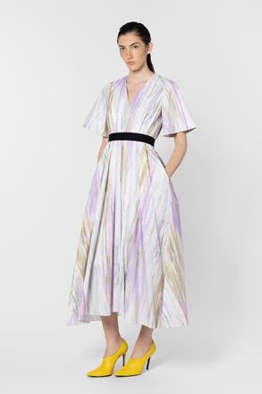 Roksanda Ilincic Sana Printed V-Neck Midi Dress in Brush Chalk /Wisteria at Nordstrom, Size 10