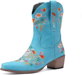 Generic Womens Square Toe PU Leather Mid-Calf Boots Pull on Short Boots with Embroidery Stitched Block Heel Western Boot,Blue,5.5 UK