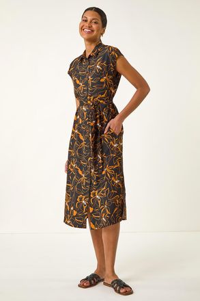 Roman Floral Belted Midi Shirt Dress