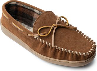 Minnetonka Plaid Lined Hardsole - Moccasin Slippers for Men Made with Suede Upper, Rubber Sole, Plush Interior, Fleece Lining, Rawhide Lace, and Traditional Mocc