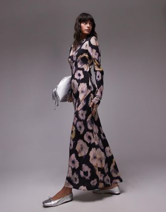 Topshop Vestito midi con scollo a barchetta grigio e lime a fiori