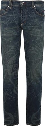 Philipp Plein Printed Super Straight Cut Jeans Tattoo - Heren - Slim Fit Jeans - Blauw - W36 - Katoen - Jeans