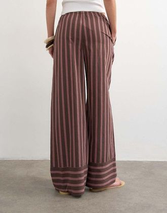 Topshop Pantaloni a fondo ampio marrone e rosa a righe allacciati in vita