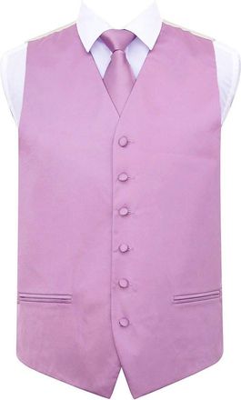 DQT Plain Satin Classic Glossy Wedding Waistcoat Vest Suit and Classic Neck Tie Set for Men in 48 Lilac