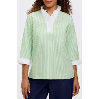 Foxcroft Tammy Ruffle Collar Cotton Top in Mojito Green/White at Nordstrom, Size X-Large
