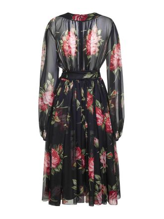 Dolce & Gabbana Womens Black Rose Bouquet Printed Chiffon Dress Silk