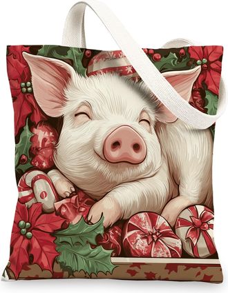 Generic Christmas Pig Canvas Tote Bag for Shopping 13x15, Fun Xmas Tree Balls Scenic Reusable Grocery Print Bag for Women, Holiday New Year Beach Aesthetic Pa