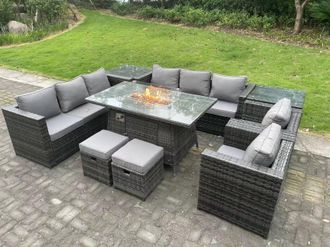 Fimous 10 Seater Outdoor Lounge Rattan Sofa Set Garden Furniture Gas Firepit Set Heater Dining Table With Chair in Dark Grey