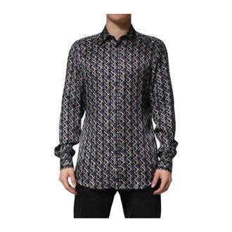 Dolce & Gabbana Casual Shirts, male, Blue, Size: 2XL Patterned Collared Dress Shirt