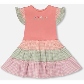 Deux par Deux Organic Cotton Bi-Material Flutter Ruffles Gingham Dress in Coral & Gingham at Nordstrom, Size 24M