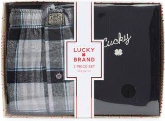 Lucky Brand Thermal Henley & Flannel Pajama Pants Set in Jet Black/December Sky Plaid at Nordstrom Rack, Size X-Large