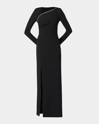 Shoshanna Macrae Crystal-Trim Crepe Column Gown