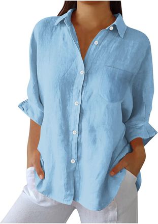 Generic Womens Linen Shirts UK Sale Clearance Long Sleeve Tops Button Down Blouses Cotton Linen Tunic Tops Ladies Loose Casual Lapel Neck Shirt Plain Longline