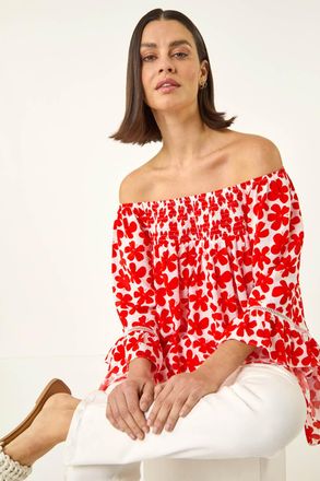 Roman Floral Print Bardot Top