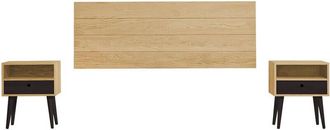HOGAR 24 Cabecero Acabado Madera Maciza Natural + 2 Mesitas Con Caj&oacute;n Y Hueco Acabado Cera / Negro. Medidas Cabecero: 155 X 60 X 2 Cm