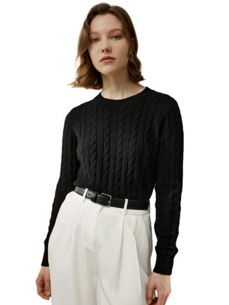 LilySilk Wool Cashmere Sweater for Women Basic Classic Ladies Pullover Preppy Style Ribbed Cable Knit Fall Winter Top(Black,M)