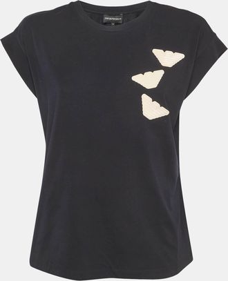 Emporio Armani Black Cotton Knit Logo Applique T-Shirt