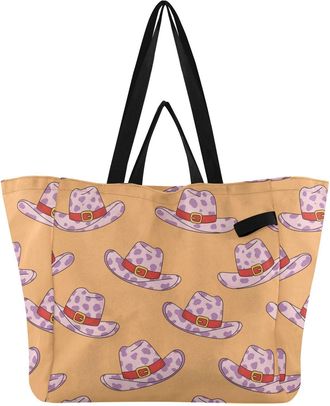 Generic Western Cowboy Orange pattern Reusable Canvas Tote Bag, Heavy Duty Grocery Shopping Bag with Hard Bottom Large Capacity Double Handles Work Groceries 