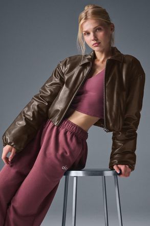 Alo | Faux Leather Cropped Premier Bomber Jacket in Espresso Brown, Size: Medium