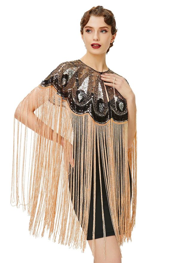 Babeyond 1920s Shawl Wraps Long Fringed Evening Cape Sequin Beaded Party  Shawl, Style 2 - Black Gold, One Size from 60.98 - on Stylight