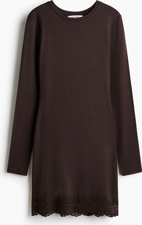 H&M Jerseykleid mit Spitzenbesatz - Brown