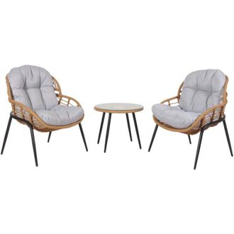 Hhg Non utilizzato] Set in poly-rattan HHG 952, salotto da balcone giardino salottino con tavolino, naturale, cuscini grigio chiaro