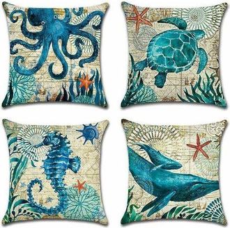 OEM Juego De 4 Fundas De Coj&iacute;n Impermeables Para Exteriores Con Estampado Marino Azul, Para Sof&aacute;, Terraza, Jard&iacute;n, Sal&oacute;n, Dormitorio, 45 X 45 Cm