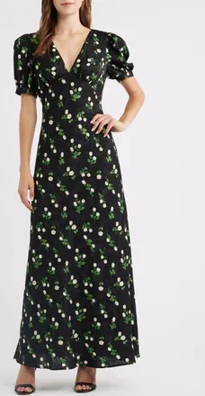 Lulus Milan Floral Print Satin Gown in Black Floral at Nordstrom, Size X-Small