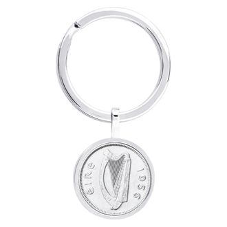 Generic 1956 Irish Sixpence Coin Keyring, 2Luck of the Irish, 70th Birthday Gift, Harp Design for him or her