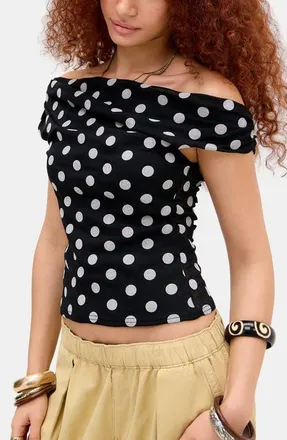 BDG Fia Off the Shoulder Polka Dot Mesh Top in Black Spot at Nordstrom, Size X-Small