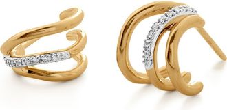 Monica Vinader Riva Pavé Diamond Triple Wave Huggie Hoop Earrings in 18Ct Gold Vermeil On Sterling at Nordstrom