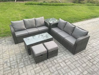 Fimous Outdoor Lounge Sofa Set Rattan Garden Furniture Set with Rectangular Coffee Table 2 Small Footstool Dark Grey Mixed