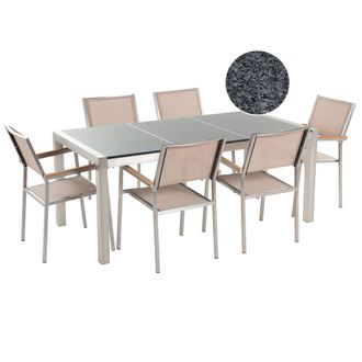 Beliani Conjunto De Comedor De Jard&iacute;n Beige Con Mesa 180 X 90 Cm De Granito Gris 6 Sillas Grosseto