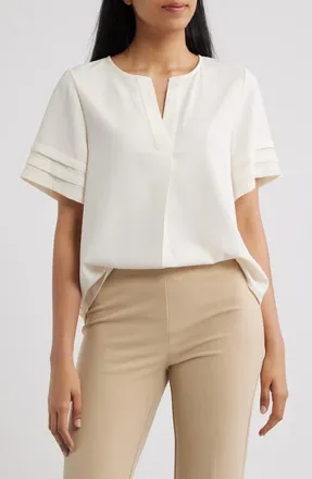Anne Klein Pleated Split Neck Top in White Dove at Nordstrom, Size X-Small P