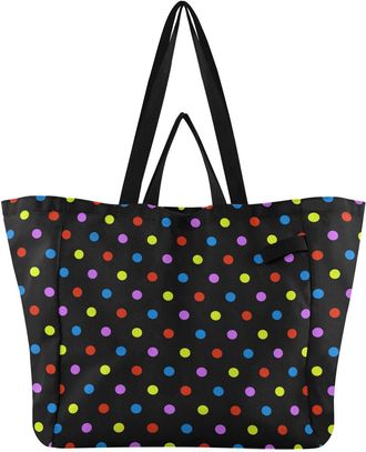 Generic Colorful Dots print Reusable Canvas Tote Bag, Heavy Duty Grocery Shopping Bag with Large Capacity Hard Bottom Double Handles Work Groceries Travel