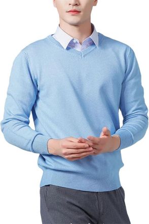 Generic Men Knitwear Pullover Basic Wool Sweater V-Neck Loose Soft Warm Business Jumper Jersey Sky Blue M