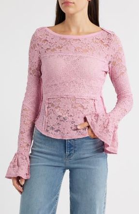 Free People Bell Sleeve Sheer Cotton Blend Lace Top in Orchid Smoke at Nordstrom Rack, Size Medium