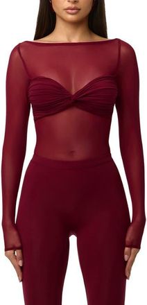 Naked Wardrobe Long Sleeve Mesh Bodysuit in Sangria at Nordstrom, Size X-Large