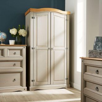 Home Source Industries Home Source - Grey Corona Pine Wardrobe 2 Door Hanging Rail Shelf Solid Wood Waxed Bedroom