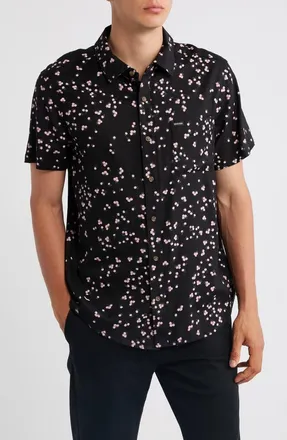 Brixton Charter Short Sleeve Slub Button-Up Shirt in Black/pink at Nordstrom, Size X-Large