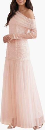 Needle & Thread Gigi Dot One-Shoulder Ruched Gown in Cream/peony Pink at Nordstrom, Size 18