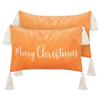 Beliani Conjunto De 2 Cojines De Terciopelo Estampado Navidad 30 X 50 Cm Funda De Algod&oacute;n Extra&iacute;ble Relleno Poli&eacute;ster Naranja Lithops