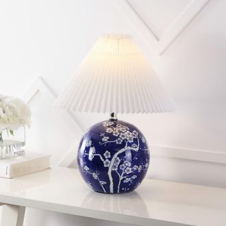 Jonathan Y Designs Shishen Cottage Classic Chinoiserie Ceramic Orb LED Table Lamp with Pleated Shade in Navy/white at Nordstrom