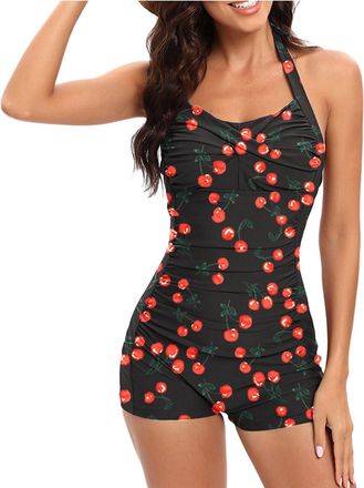 Generic One Piece Swimsuit for Women Halter Neck Swimwear Ruched Tummy Control Swimming Costume Boyleg Swimsuits One Piece Modest Swimwear Ladies Swimming Cos