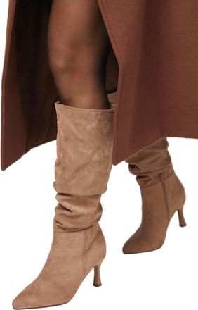 Wallis Wide Fit Hibiscus Faux Suede Ruche High Stiletto Heel Knee Boots, 5, Beige
