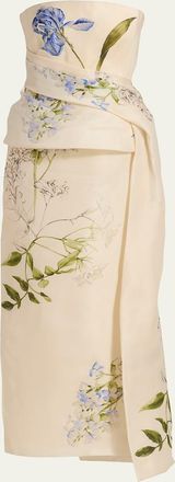 Monique Lhuillier Iris Gazar Silk Strapless Peplum Drape Ankle Gown