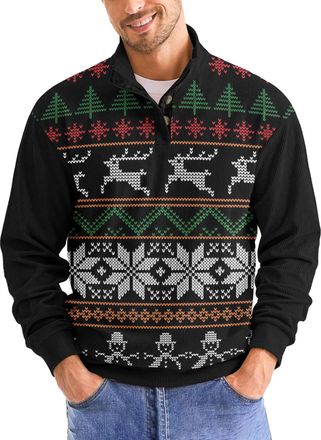 Generic Christmas Sweatshirts for Men Fashion Xmas Graphic Print Long Sleeve Sweatshirt Stand Collar Button Slim Pullover Tops