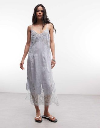 AllSaints Samia - Vestito midi senza maniche in pizzo e lino azzurro-Blu